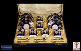 Royal Crown Derby Superb Quality 12 Piece Hand Painted Coffee Set in Cobalt blue and gold,