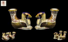 Royal Crown Derby Hand Painted Pair of 'Winged Griffin' Candle Holders / Paperweights from the