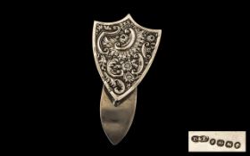 Large Victorian Silver Clip. Victorian belt clip in form of a shield.