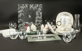 A Modern Carafe and Eight Glasses Set plus 3 glass serving dishes.