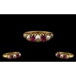Antique Period Pleasing and Excellent Quality 15ct Gold Ruby and Pearl Dress Ring, gallery setting,