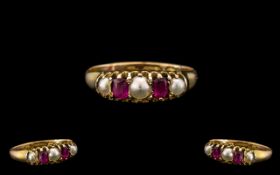 Antique Period Pleasing and Excellent Quality 15ct Gold Ruby and Pearl Dress Ring, gallery setting,