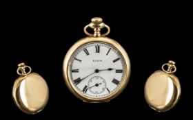 Elgin Watch Company Open Faced Pocket Watch white enamel dial with Roman numeral and subsidiary