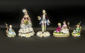 Five Porcelain Capo di Monte Figures comprising an elegant pair, man and woman,