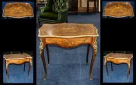 Victorian French Style Inlaid Floral Marquetry Side Table of Serpentine Shape, on shaped,