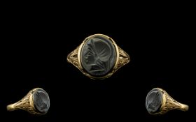 Gentleman's 9ct Gold Haematite Intaglio Set Signet Ring with image/bust of a Roman Centurian to