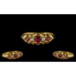Antique Period Attractive 18ct Gold Ruby and Diamond Set Ring, excellent gallery setting/design,