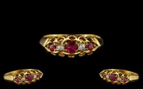 Antique Period Attractive 18ct Gold Ruby and Diamond Set Ring, excellent gallery setting/design,