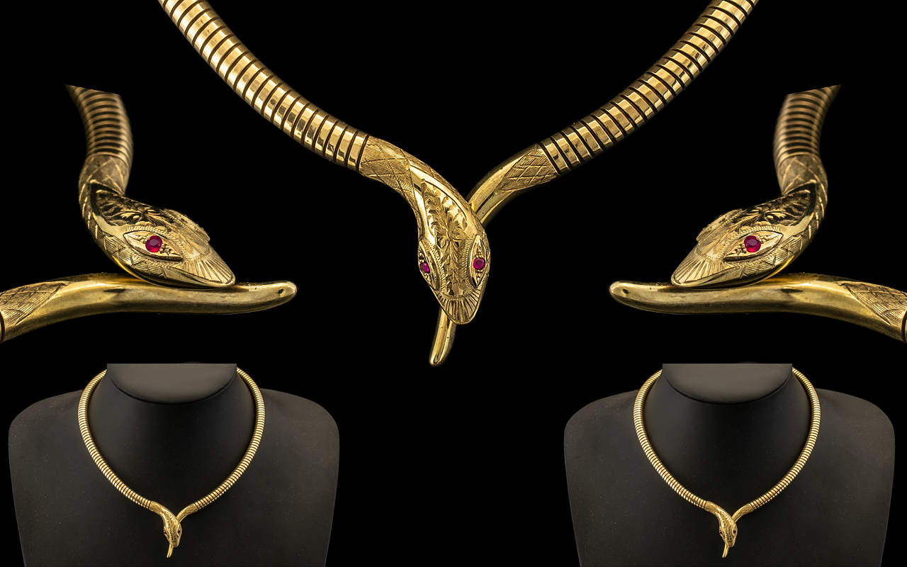 Stunning Top Quality 9ct Gold Egyptian Revival Style Snake Head Collar Necklace,