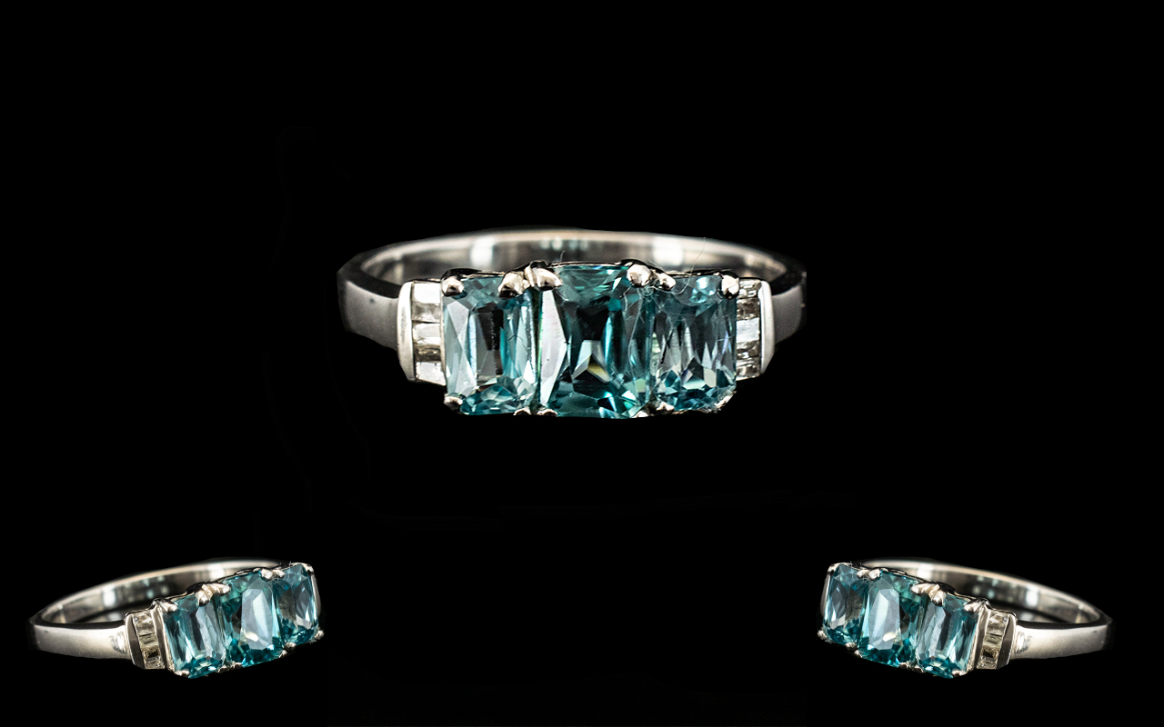 Natural Blue Zircon and Diamond Ring, th