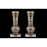 Pair of Antique Loetz Type Iridescent Glass Art Nouveau Vases with overlaid silver openwork