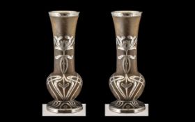 Pair of Antique Loetz Type Iridescent Glass Art Nouveau Vases with overlaid silver openwork