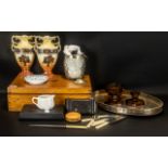 A Box of Assorted Collectables to include a silver on copper plated tray, a glass biscuit barrel,