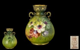 Royal Bonn Hand Painted Impressive Twin Handled Bulbous Vase, 1888-1910, Franz Anton Mehlem
