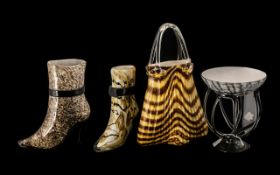 Collection of Modern Glass Items, comprising two glass high heeled boots,