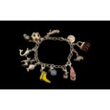 F.B.M Vintage - Sterling Silver and Enamel Charm Bracelet with 13 Charms In Total.