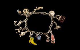 F.B.M Vintage - Sterling Silver and Enamel Charm Bracelet with 13 Charms In Total.