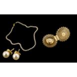 Modern Pearl Necklace With 9ct Gold Clasp, Length 16 Inches. Together With A Pair Of 9ct Gold Stud