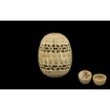 Antique French Carved Bone Screw Lidded Fret-Work Egg Container; c1870s/80s; 2.5 inches (6.
