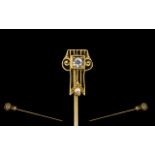 14ct Gold Stick Pin Circa 1910-1930 set with gemstone and seed pearl. 1.6 grams.