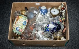 Box Lot of Miscellaneous Art Pottery, Glassware, Nao figures, Staffordshire figures,