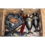 Box of Vintage Collectibles, comprising two matching 11" metal vases,