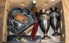 Box of Vintage Collectibles, comprising two matching 11" metal vases,