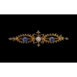 Ladies - Attractive 9ct Gold Sapphire and Diamond Set Brooch, Ornate Design and Setting.