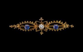 Ladies - Attractive 9ct Gold Sapphire and Diamond Set Brooch, Ornate Design and Setting.