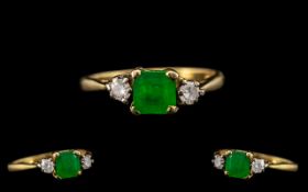 18ct Gold - Attractive Emerald and Diamond Set 3 Stone Ring. Hallmark London 1978.