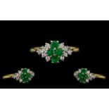 18ct Gold - Attractive Ladies Emerald and Diamond Set Dress Ring - Pleasing Design.