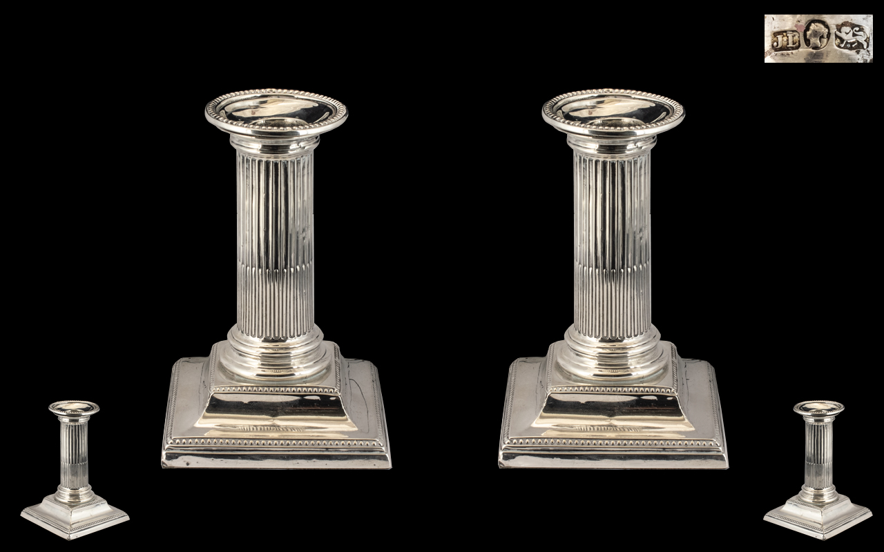 Victorian Period Fine Pair of Silver Corinthian Column Shaped Candlesticks, Detachable Sconces.