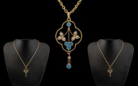 Antique Period - Attractive and Exquisite 9ct Gold Aquamarine and Seed Pearl Set Ornate Pendant