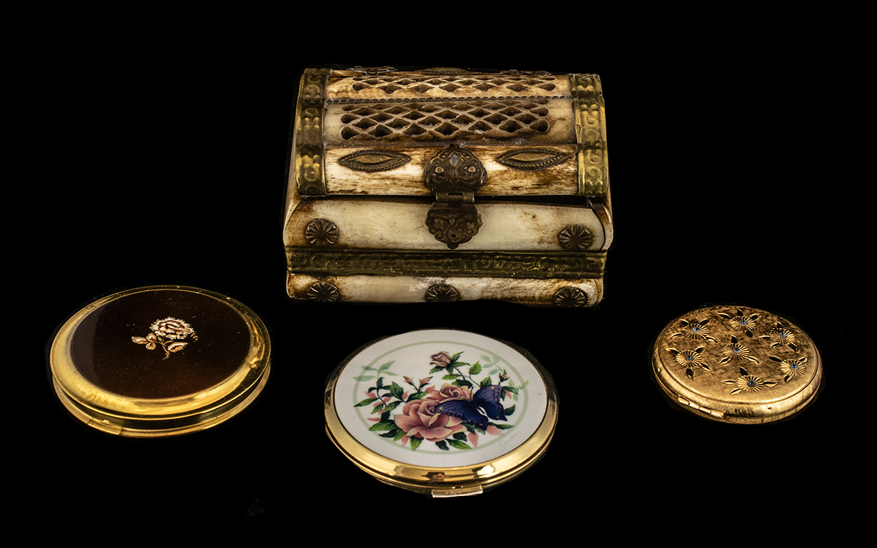 A Bone Trinket Box, Brass Mounted with 3 Ladies Compact Cases. Please See Photo.