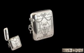 Edwardian Period Solid Silver Hinged Vesta Case with Engraved Classical Decoration to Front.