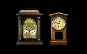 Early 20thC Wooden Cased Mantle Clock with silvered dial with Arabic Numerals with brass spandrels