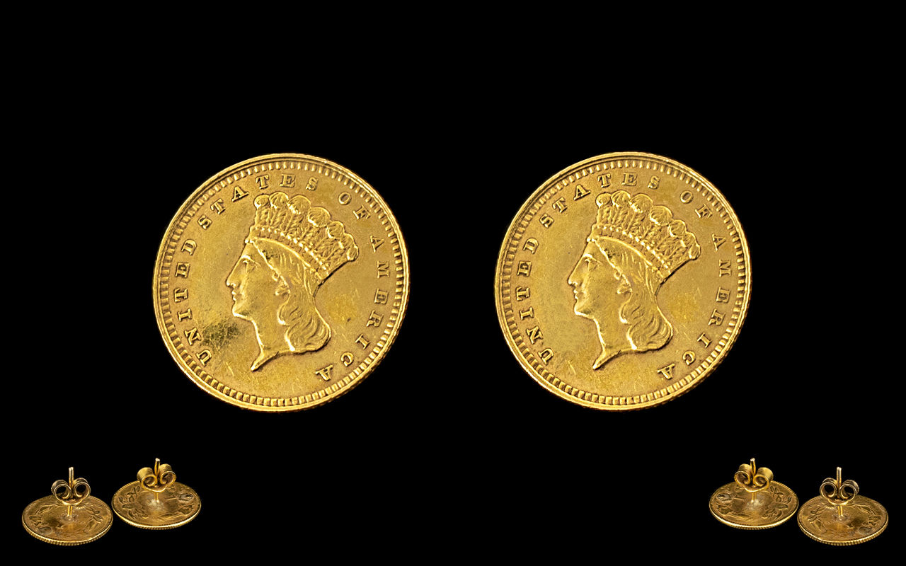 United States Pair of 22ct Gold Indian Head One Dollar Coins dated 1862 made into a pair of earrings