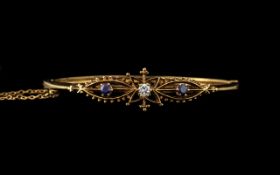 Antique Style Good Quality 9ct Gold Diamond & Sapphire Set Ornate Hinged Bangle with attached