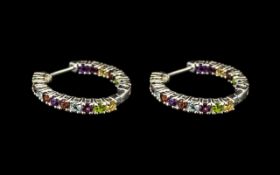 Multi Gemstone 'Rainbow' Hoop Earrings, oval cuts of peridot. amethyst, red garnet, citrine and