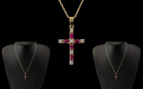 Ladies - 9ct Yellow Gold Diamond and Ruby Set Cross with Attached 9ct Gold Trace Chain.