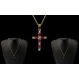 Ladies - 9ct Yellow Gold Diamond and Ruby Set Cross with Attached 9ct Gold Trace Chain.