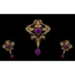 Antique Period - Excellent 9ct Gold Ornate Amethyst and Seed Pearl Pendant / Drop - Brooch.