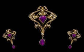 Antique Period - Excellent 9ct Gold Ornate Amethyst and Seed Pearl Pendant / Drop - Brooch.