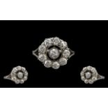 Antique Period Superb Quality 18ct White Gold Diamond Set Cluster Ring - Flower head Setting.