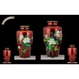 Two Japanese Translucent Dragon's Blood Colour Enamel Vases, chromed rims to the base and top;