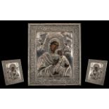Russian Greek Silvered Metal Icon, Depicting Mother and Child with Angels, Painted Faces and Hands.