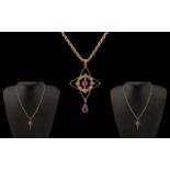Antique Period - Attractive 9ct Gold Amethyst Set - Ornate Pendant Drop with Attached 9ct Gold