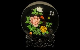 Chinese Wooden Lacquered Plate with stand, with colourful floral decoration, in original box. From