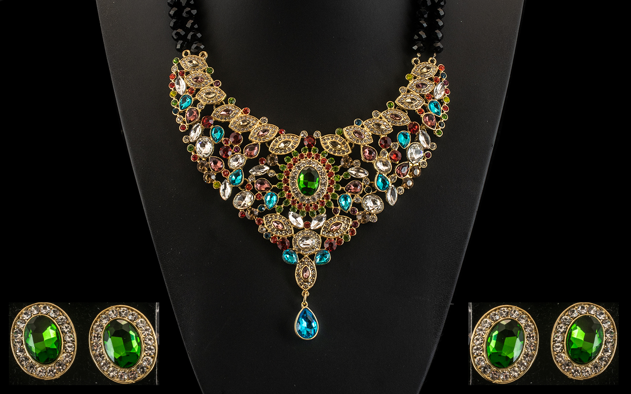 Multi Colour Austrian Crystal Bib Necklace and Earrings Set,