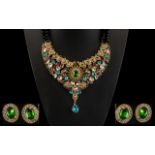 Multi Colour Austrian Crystal Bib Necklace and Earrings Set,